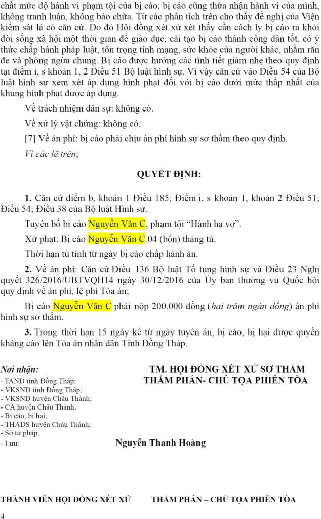 Bản án về tội hành hạ người khác